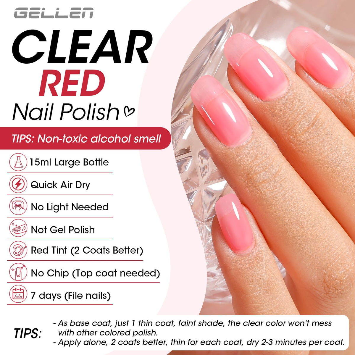 GELLEN Clear Nail Polish Base Coat applied to nails