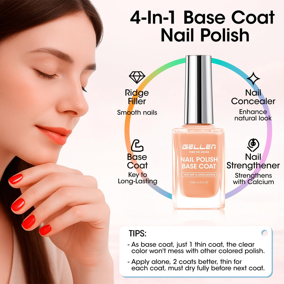 GELLEN Clear Nail Polish Base Coat Tinted Nude application on nails