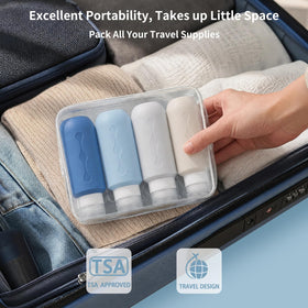 Gemice travel bottles arranged in a PVC toiletry bag