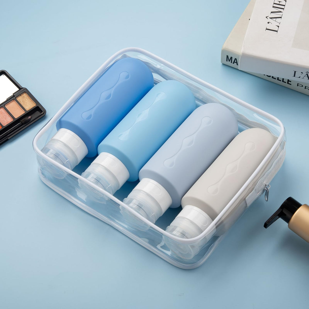 Gemice travel bottles displayed on a bathroom counter