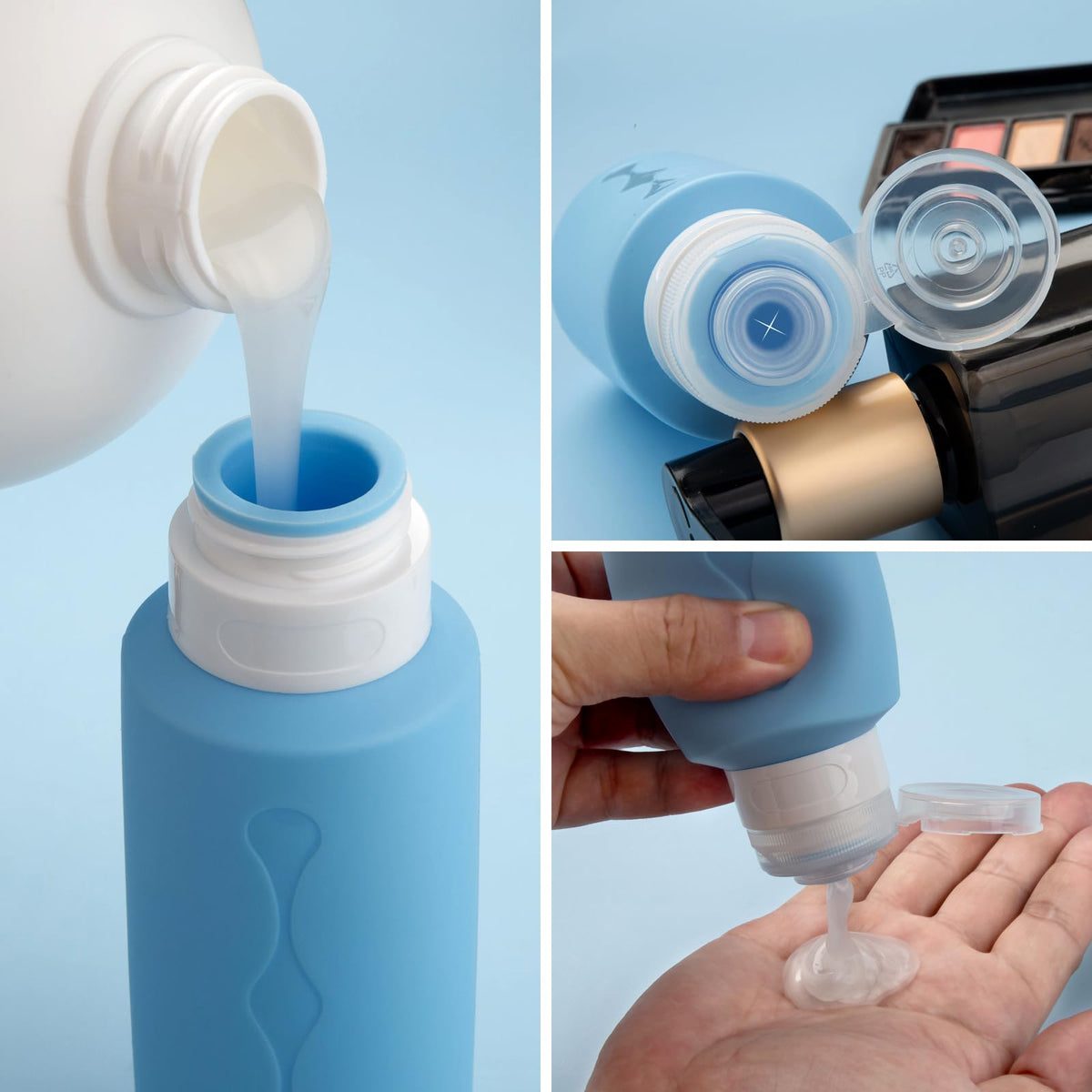 Gemice travel bottles with flip top caps in use