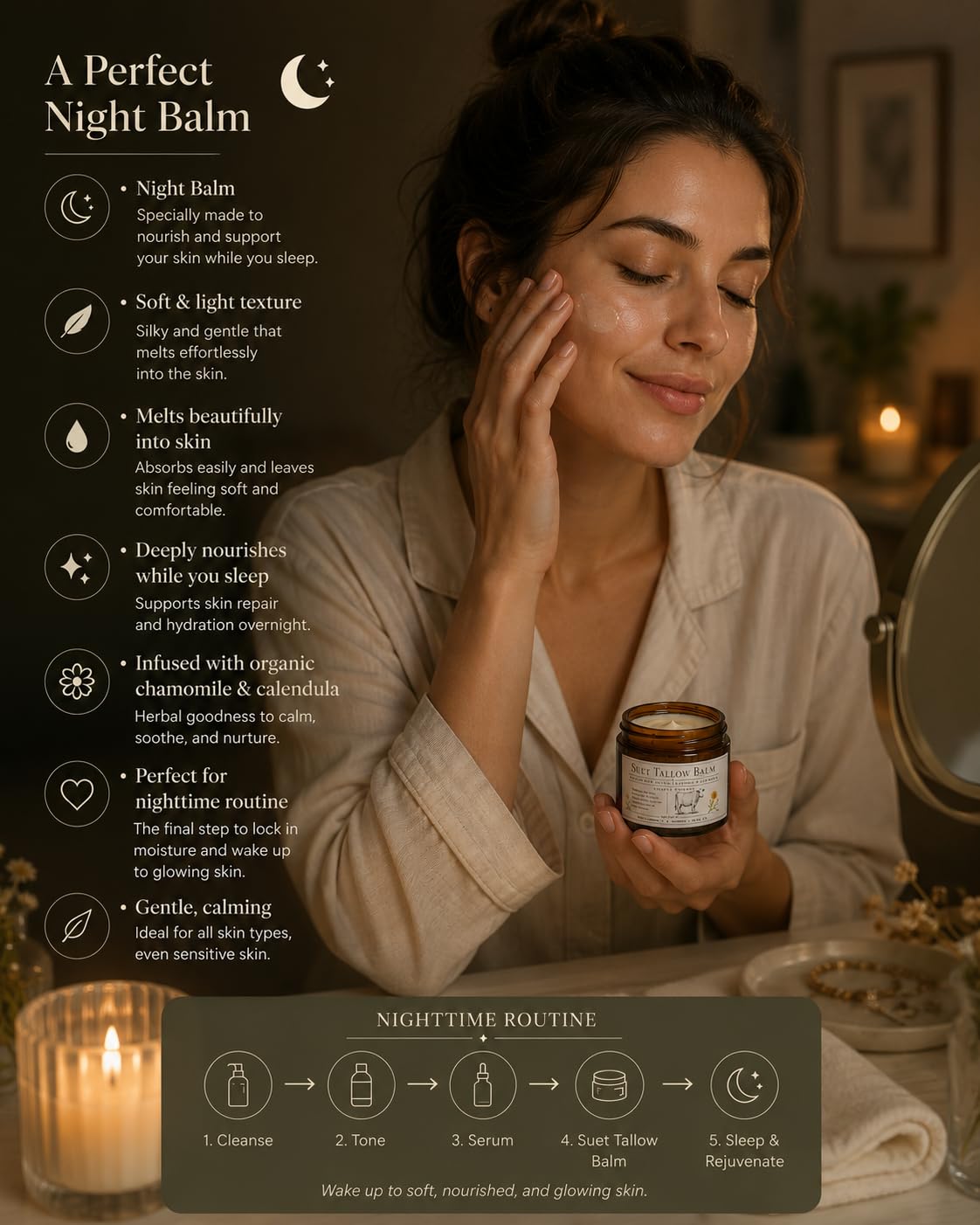 Generic Unscented Night Tallow Balm ingredients display including jojoba oil