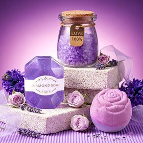 Gentle soaps and greeting card in BodyRefresh Lavender Spa Gift Basket