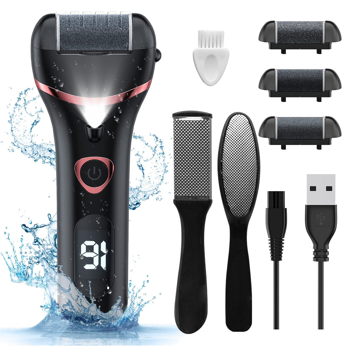 Geopu Electric Foot Callus Remover front view with three roller heads