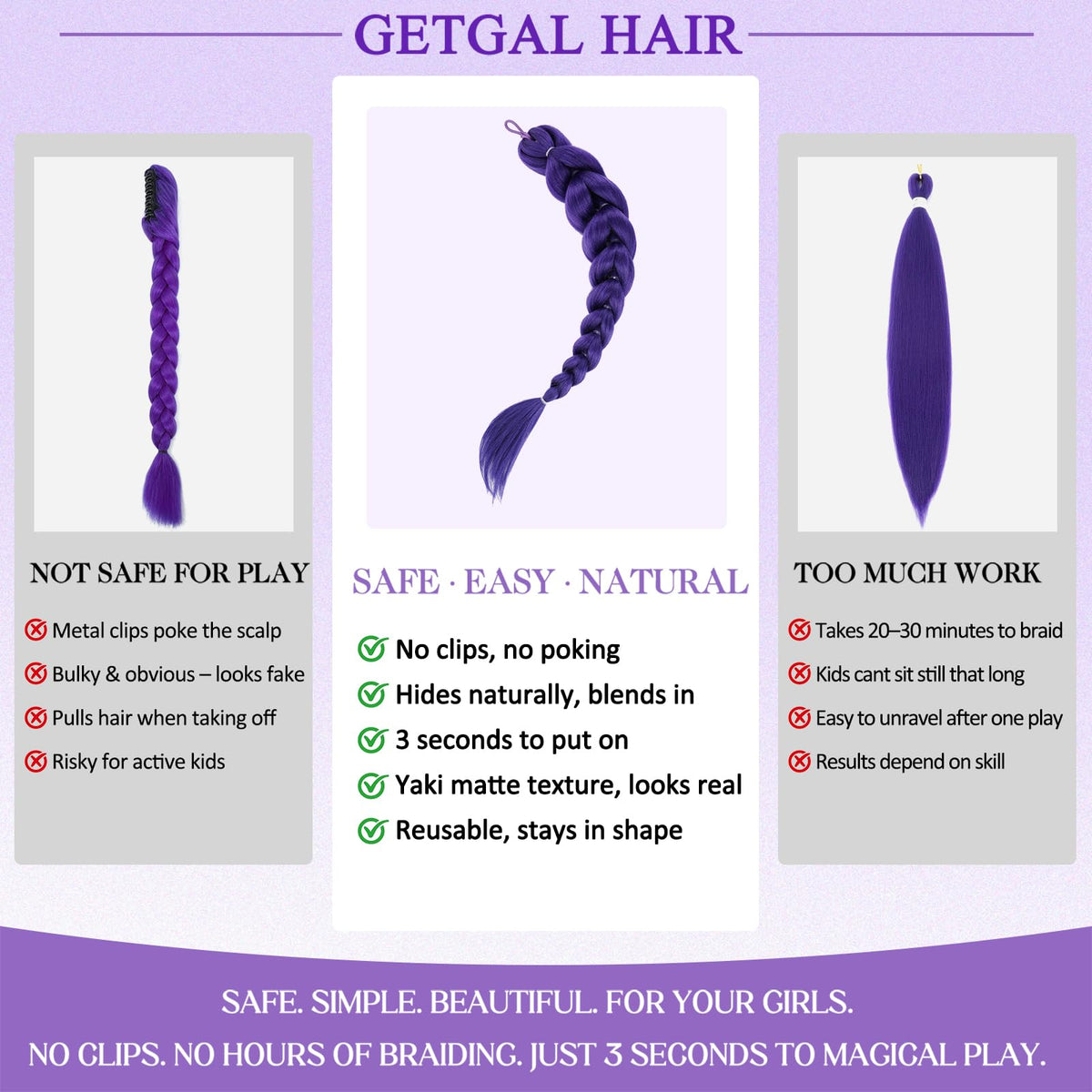 GetGal 30 inch purple braids ponytail displayed with accessories