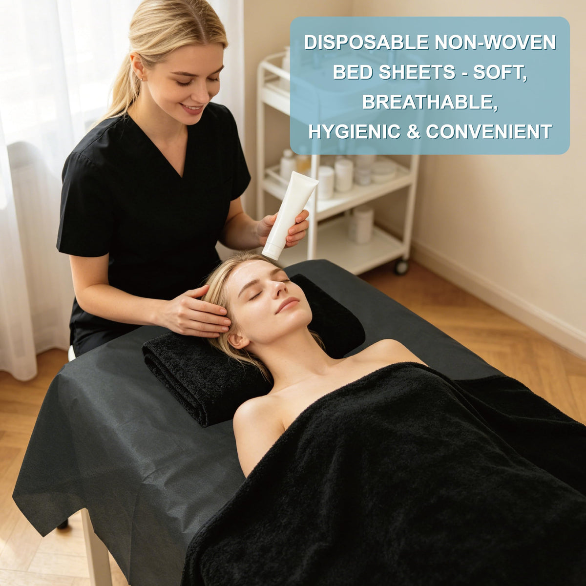GGYKJSK black disposable sheets in a beauty salon setting