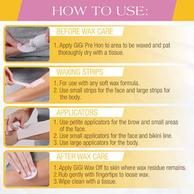 GIGI Waxing Accessories Kit with various sizes of wax strips
