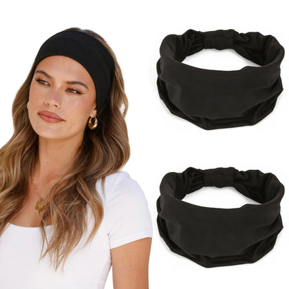 GiLi 2 Pack Black Wide Headbands front view