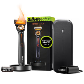 Gillette Heated Razor Deluxe Travel Shave Kit front view with charging dock