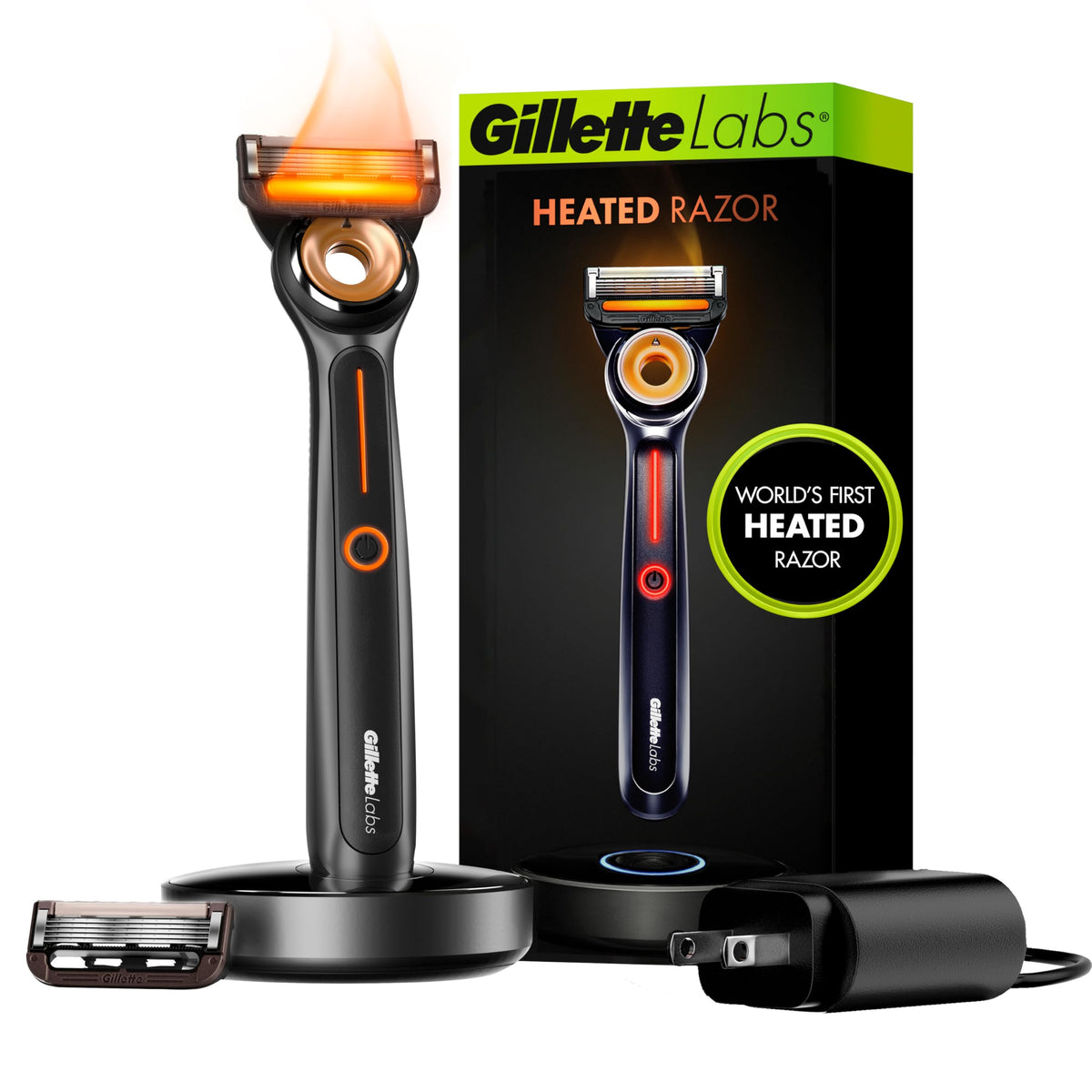 Gillette Heated Razor handle front view with charging dock