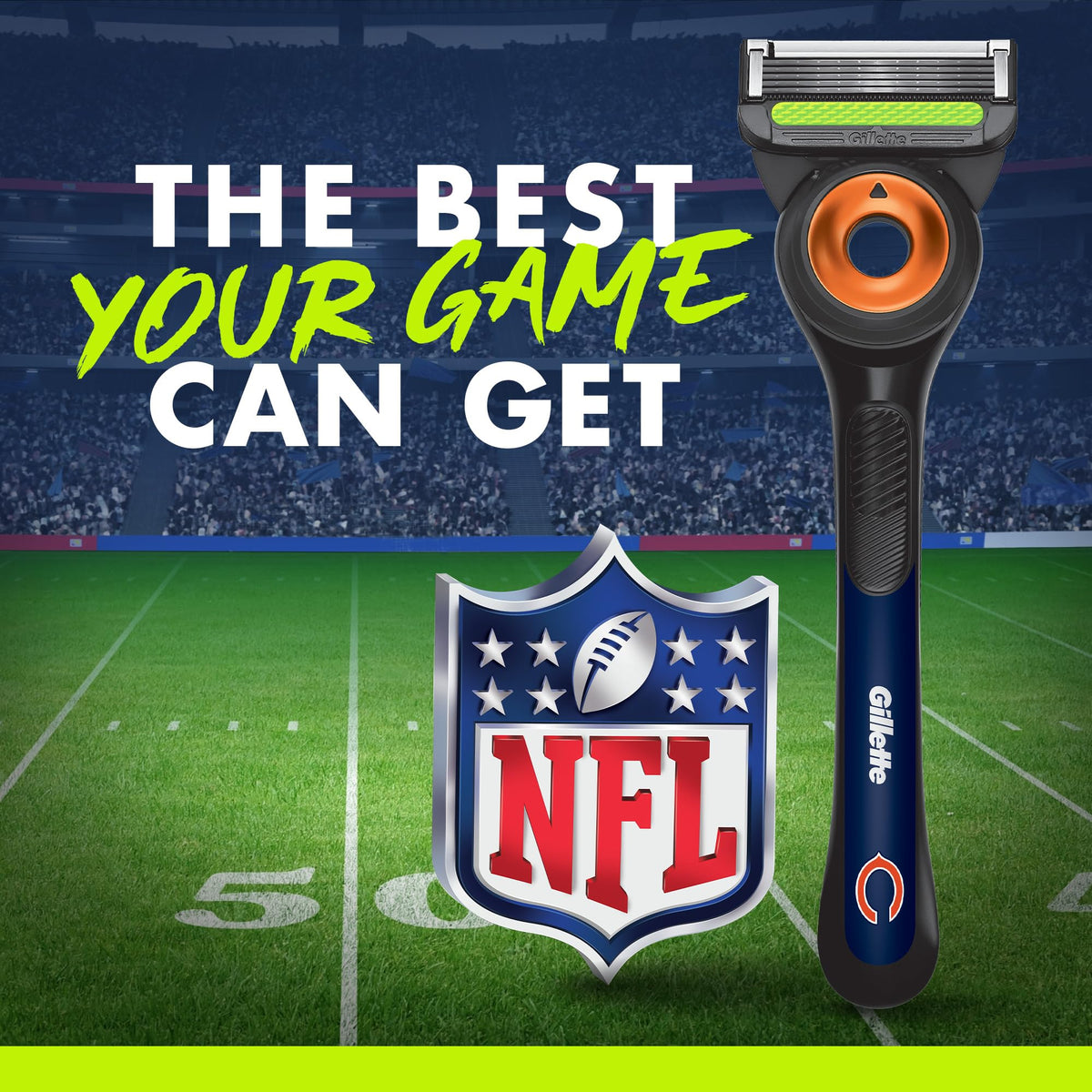 Gillette Labs NFL Bears Edition razor on a bathroom counter