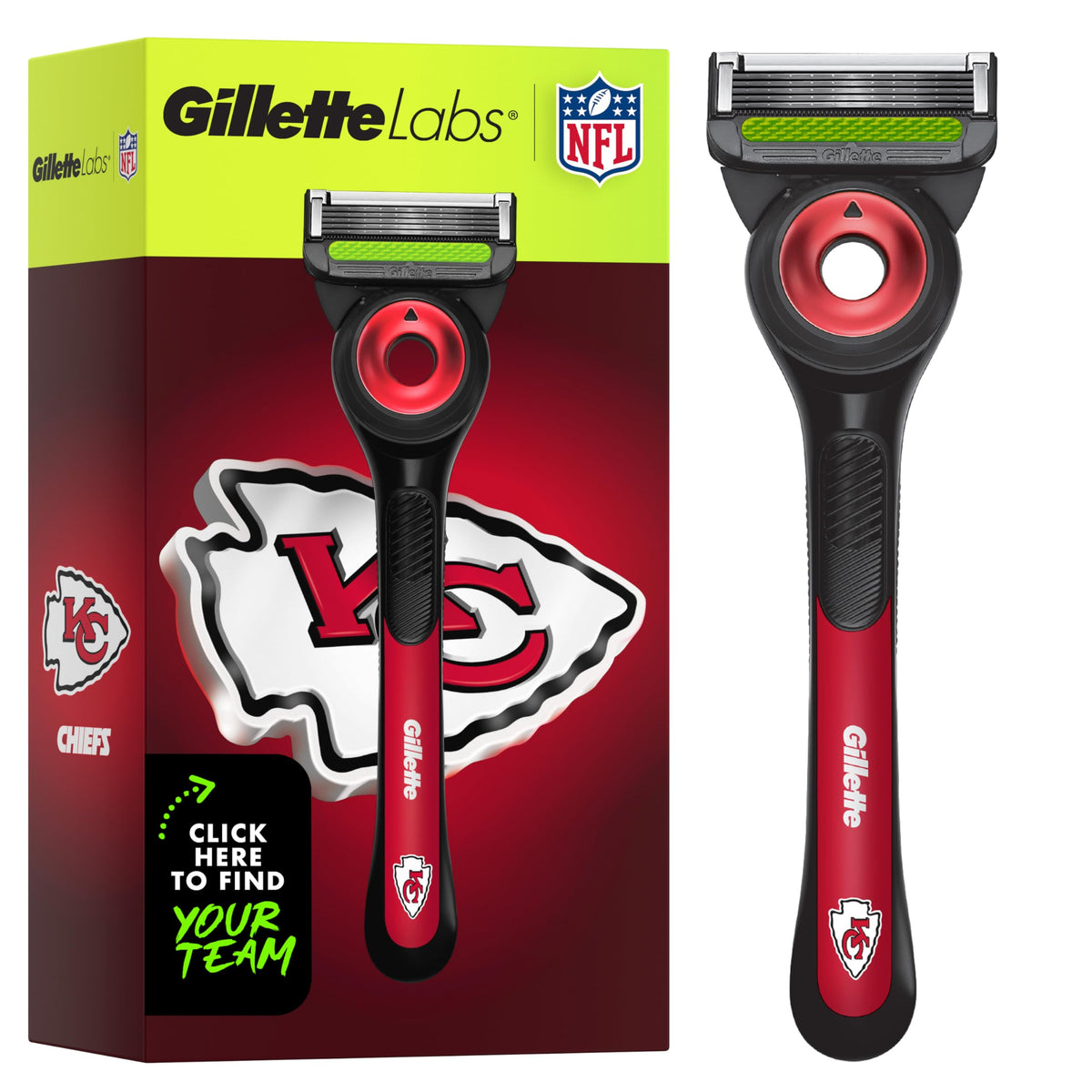 Gillette Labs NFL Chiefs Edition Razor front view with exfoliating bar
