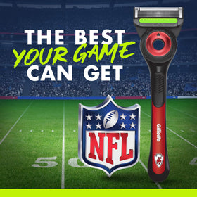 Gillette Labs NFL Chiefs Edition Razor on a grooming shelf