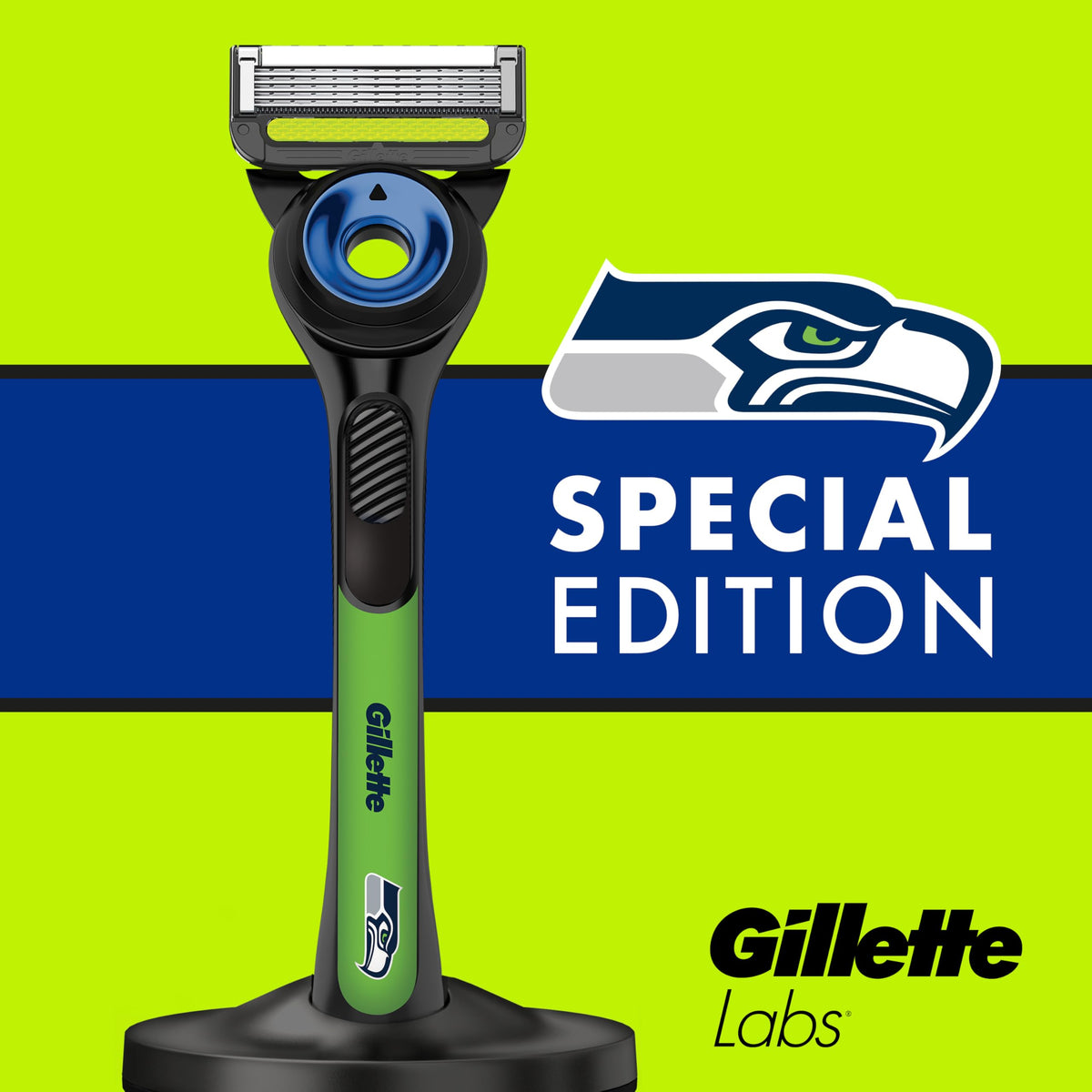 Gillette Labs Seahawks Edition Razor in lifestyle setting