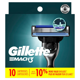 Gillette Mach3 Razor blades with a background of grooming tools