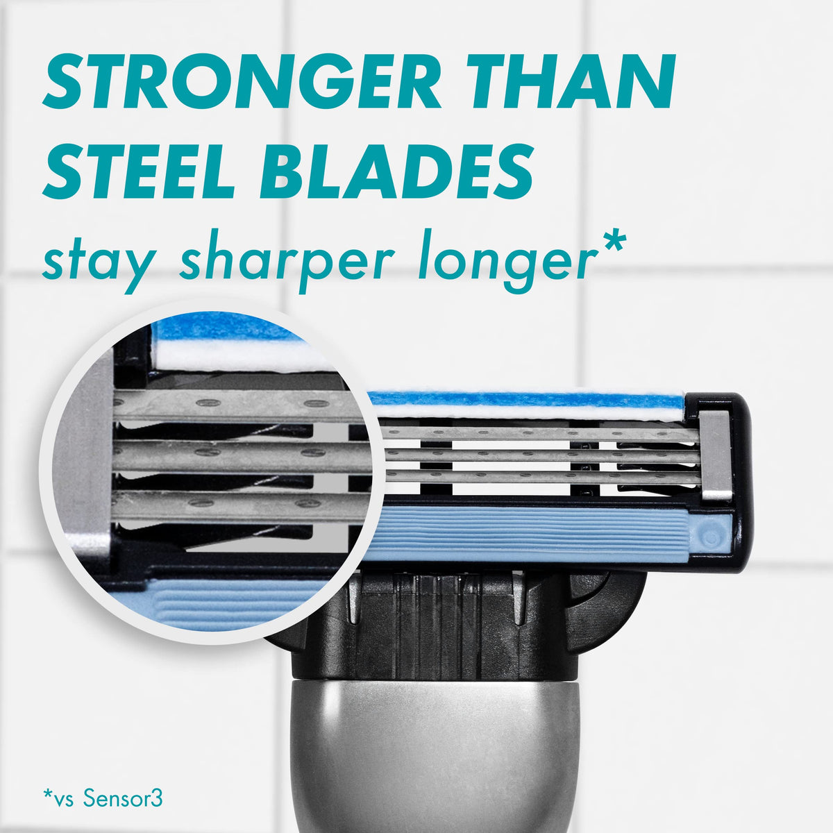 Gillette Mach3 Razor Refills 4 pack on a bathroom shelf