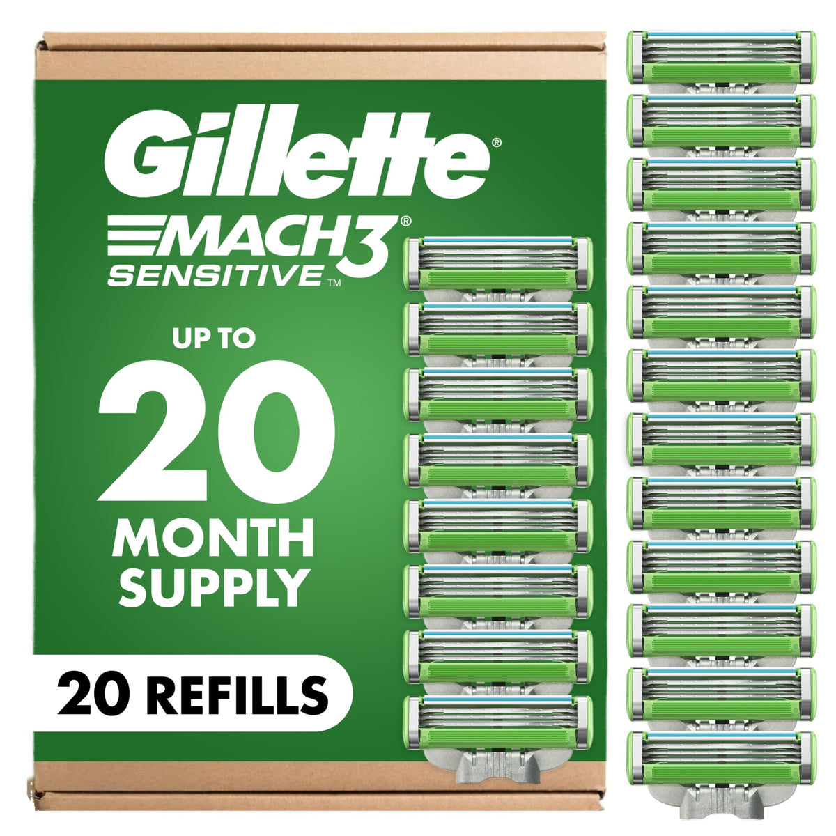 Gillette Mach3 Sensitive Men's Shaving Razor Blade Refills 20 Count front view