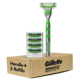 Gillette Mach3 Sensitive razor with 5 blade refills displayed