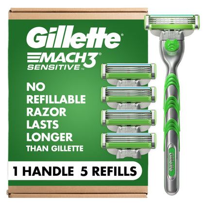 Gillette Mach3 Sensitive Shaving Razor front view with 5 blade refills