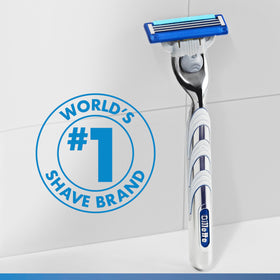 Gillette Mach3 Turbo Razor on a countertop with grooming products
