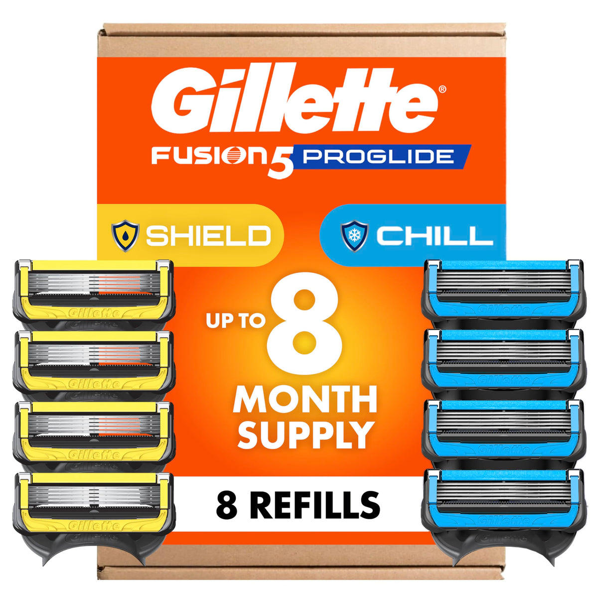 Gillette Men's Razor Blade Refills 8 Count ProGlide Chill and Shield packaging front view