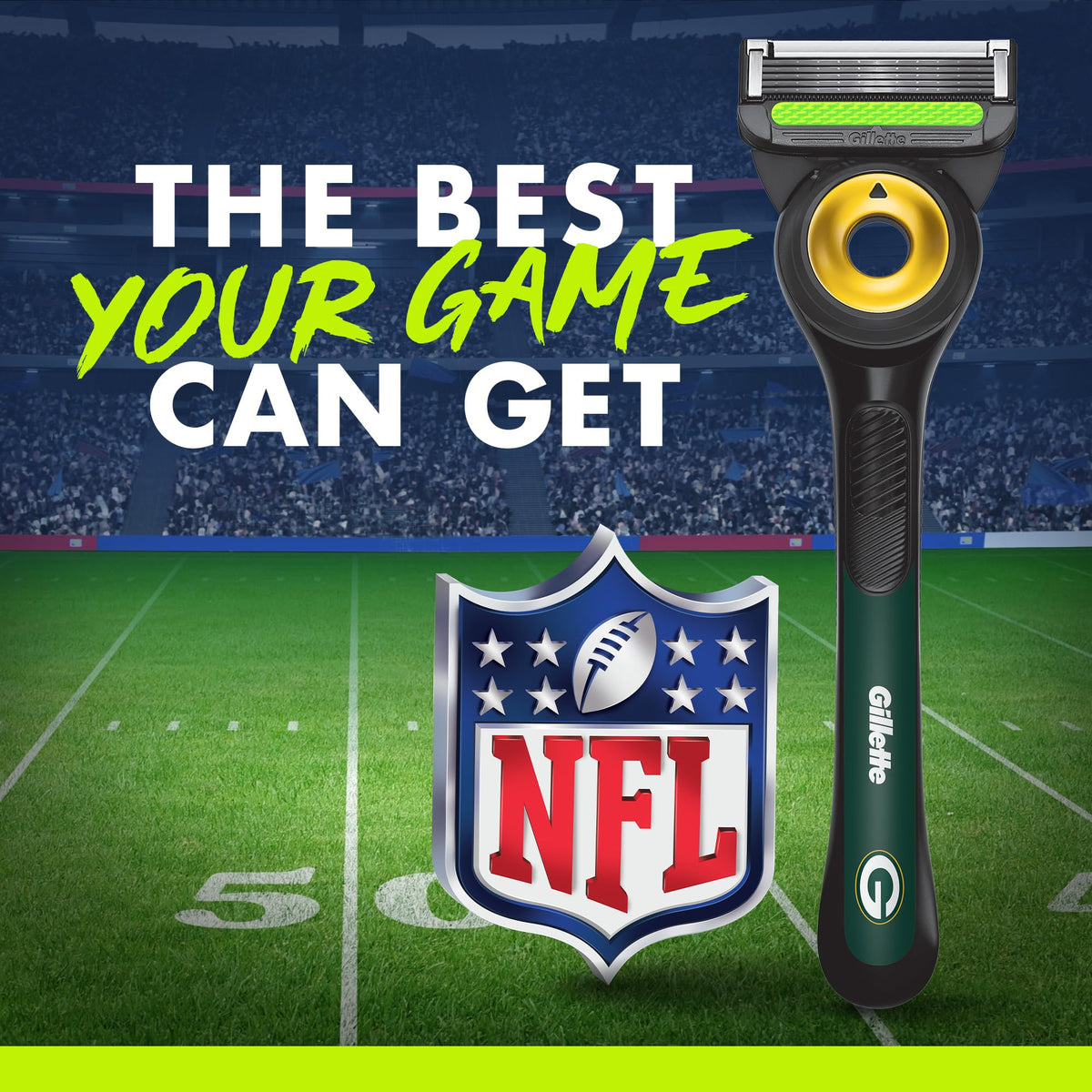 Gillette NFL Packers Edition shaving razor displayed with team merchandise