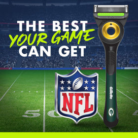 Gillette NFL Packers Edition shaving razor displayed with team merchandise