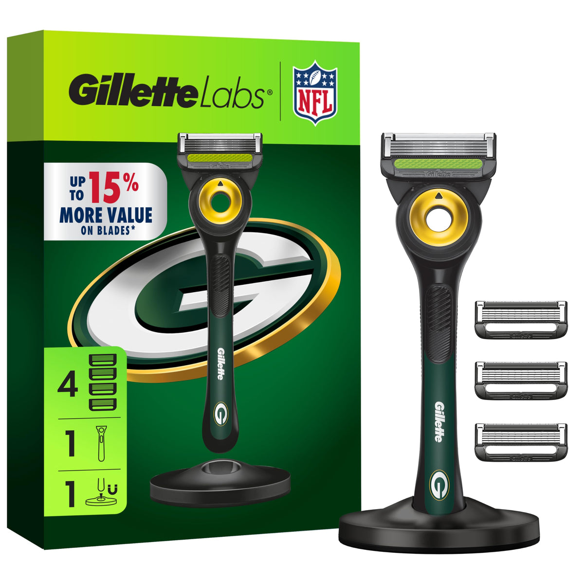 Gillette NFL Packers Edition shaving razor front view with magnetic stand