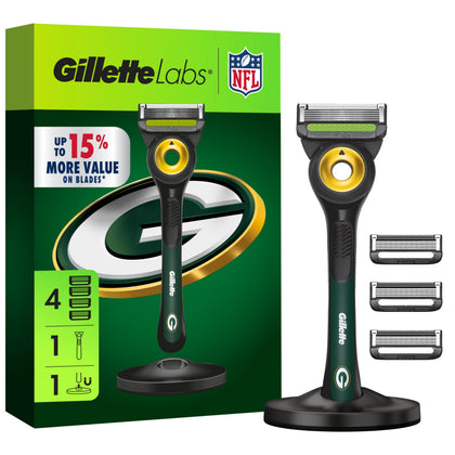 Gillette NFL Packers Edition shaving razor front view with magnetic stand