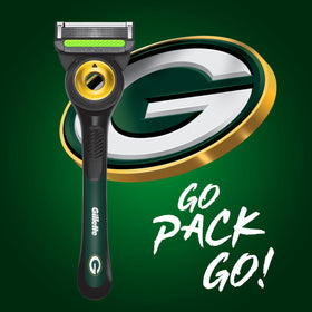 Gillette NFL Packers Edition shaving razor side view showing exfoliating bar