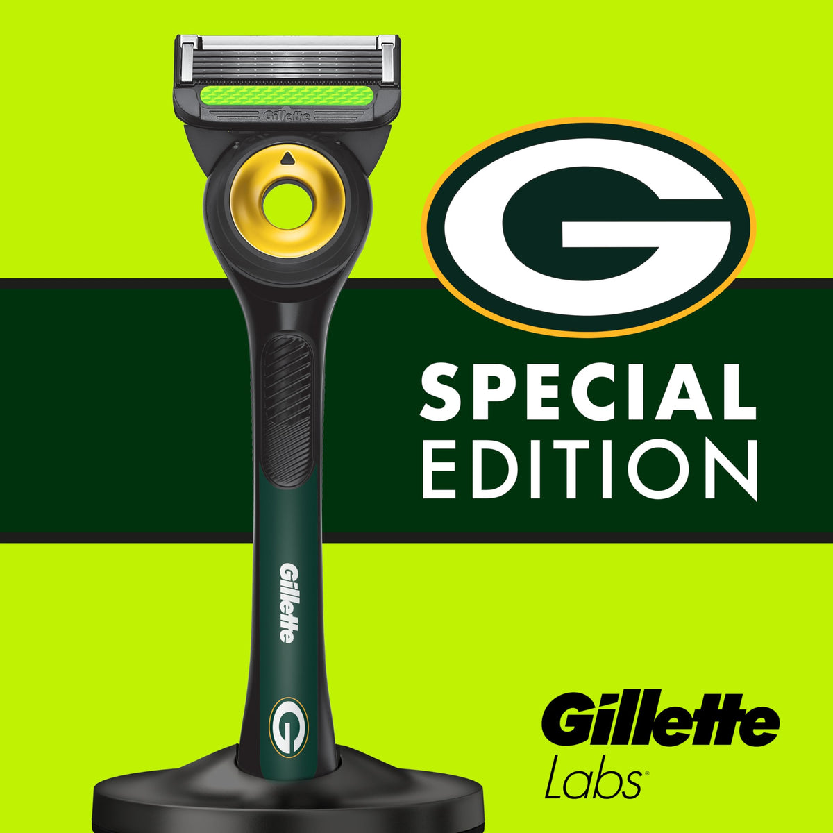 Gillette NFL Packers Edition shaving razor with blades in action