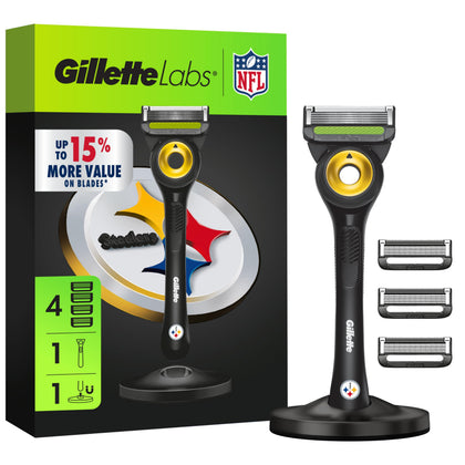 Gillette NFL Steelers Edition Shaving Razor front view with magnetic stand