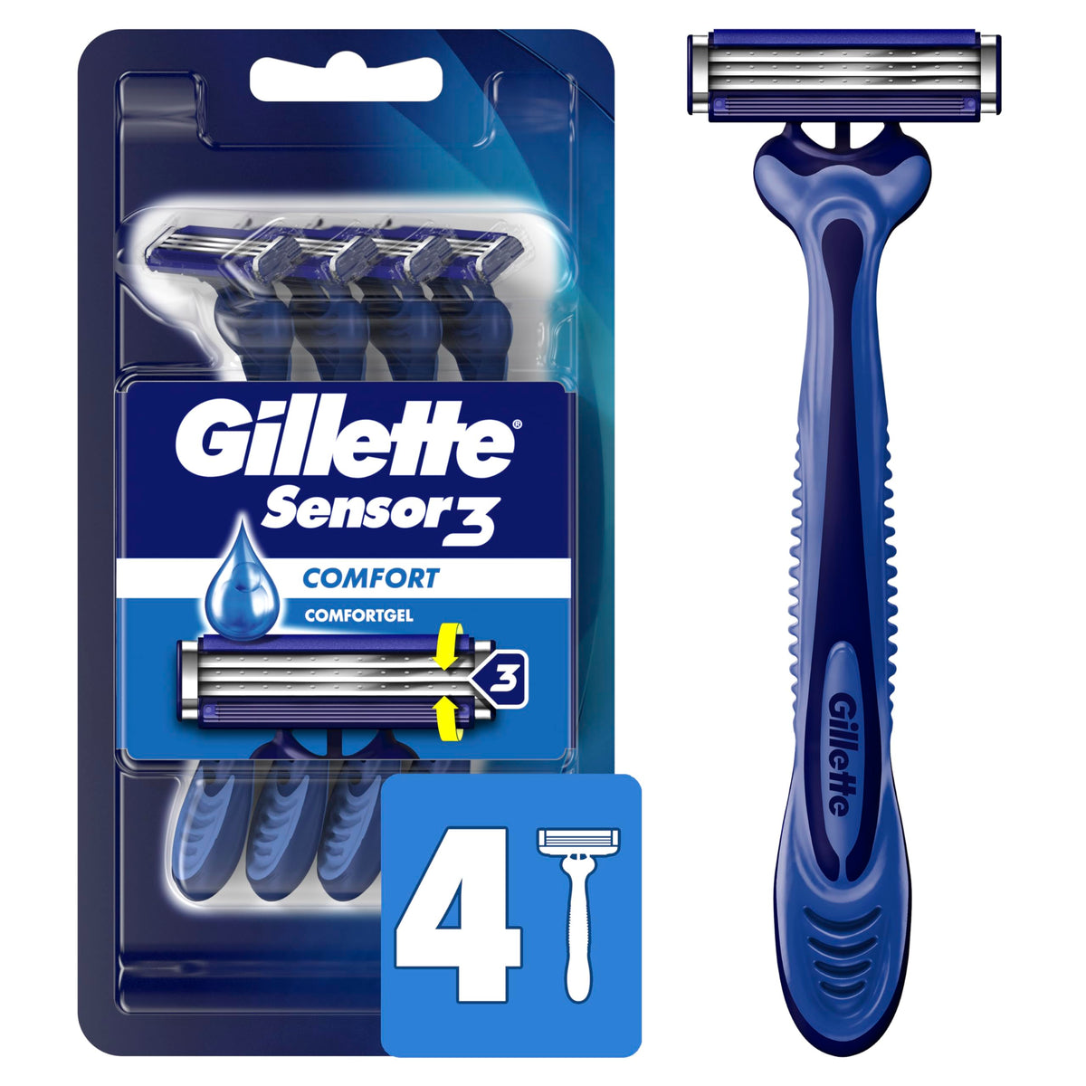 Gillette Sensor3 Disposable Razor 4 Count packaging front view