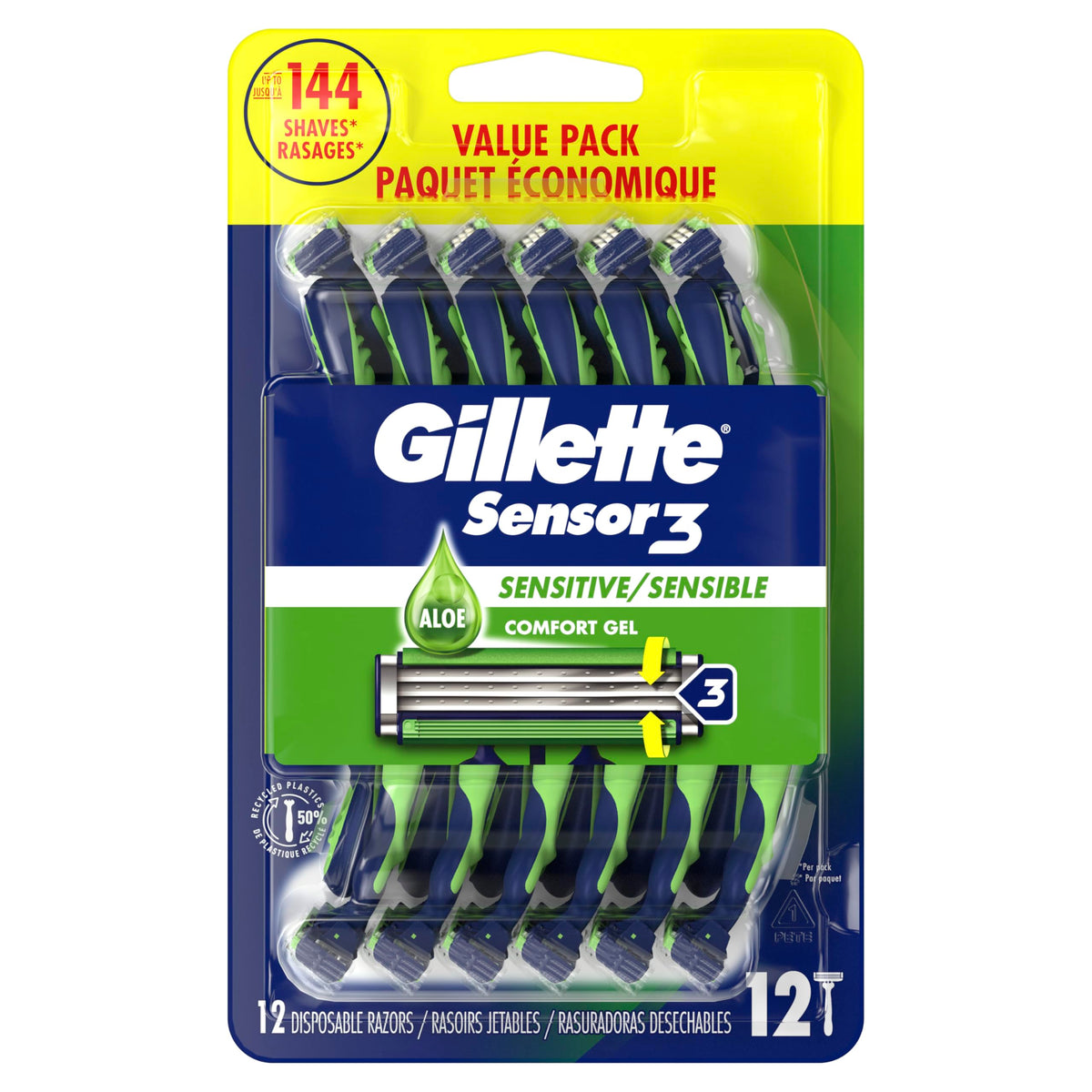 Gillette Sensor3 Sensitive Disposable Razor with 3 skin-sensing blades