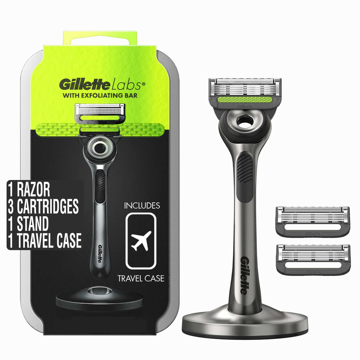 Gillette Shaving Kit with travel case and magnetic stand front view