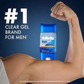 Gillette SkinShield Antiperspirant Deodorant packaging on a bathroom shelf