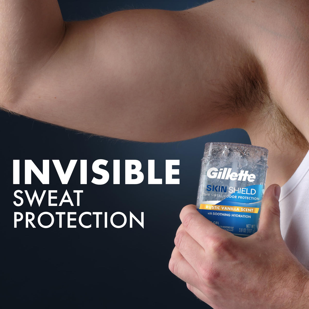 Gillette SkinShield Antiperspirant Deodorant with rustic vanilla scent label