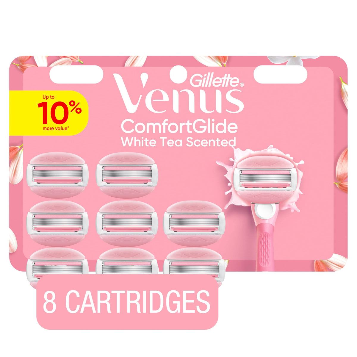 Gillette Venus ComfortGlide razor blades front view with white tea scent