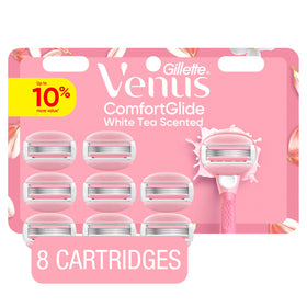 Gillette Venus ComfortGlide razor blades front view with white tea scent