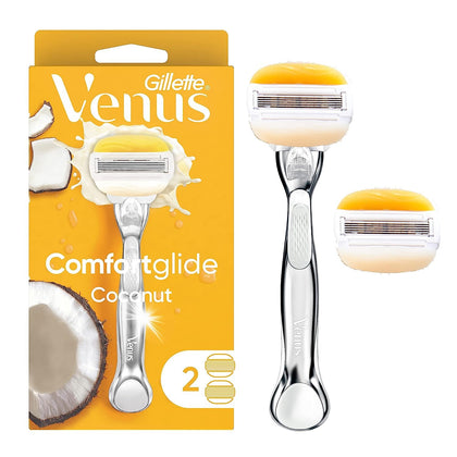 Gillette Venus Comfortglide women's razor handle front view with silver finish