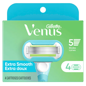 Gillette Venus Extra Smooth razor blades displayed on a bathroom counter