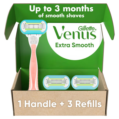 Gillette Venus Extra Smooth women's razor handle with 3 blade refills