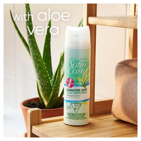 Gillette Venus Satin Care Sensitive Skin Shave Gel side view with can details