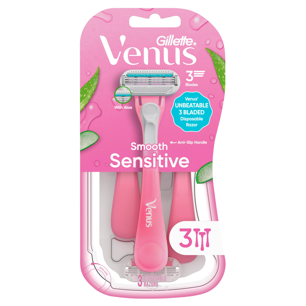 Gillette Venus Sensitive Disposable Razors displayed on a bathroom counter