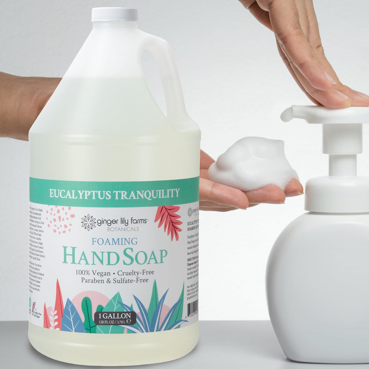 Ginger Lily Farms 1 gal Foaming Hand Soap Eucalyptus Tranquility in bathroom setting