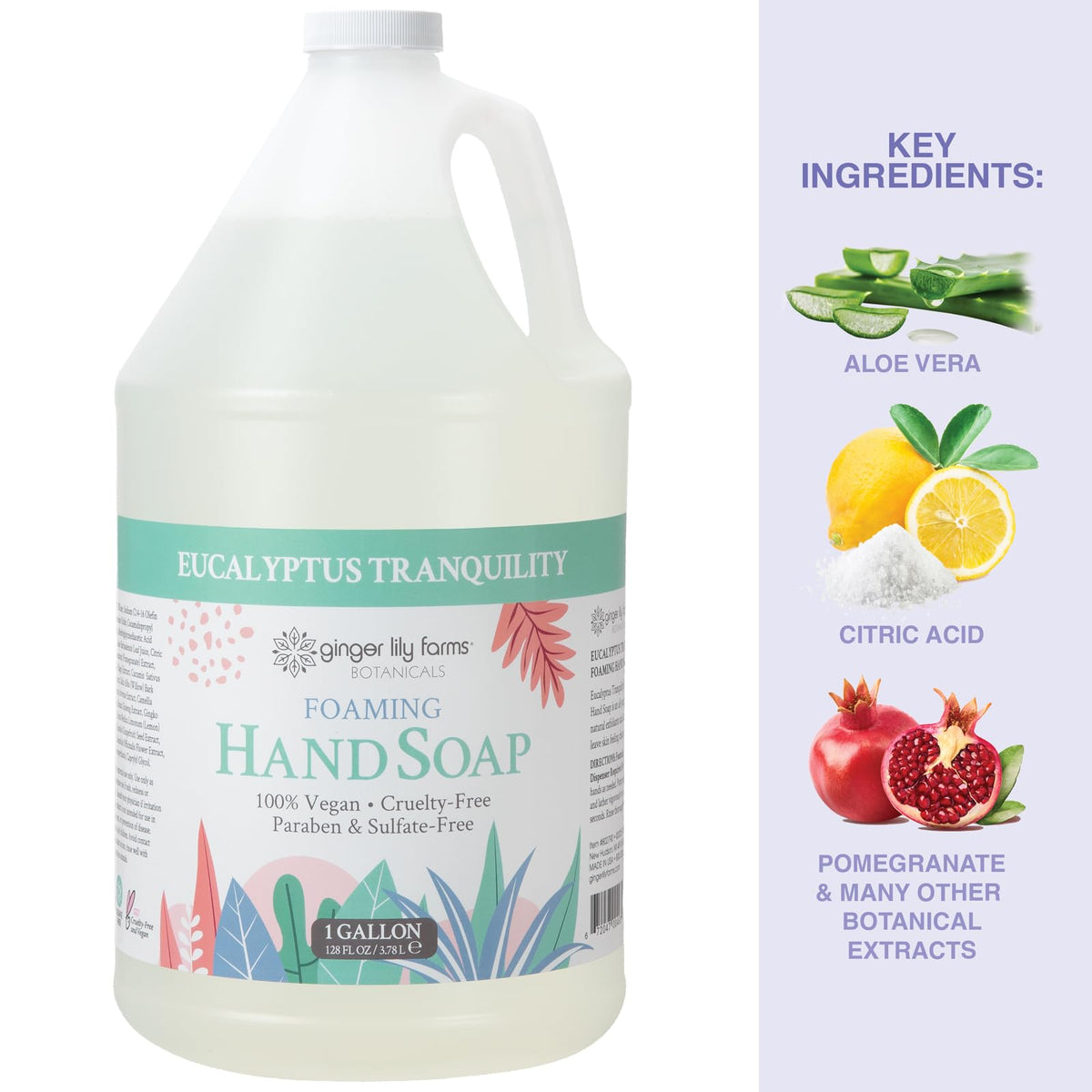 Ginger Lily Farms 1 gal Foaming Hand Soap Eucalyptus Tranquility label close-up