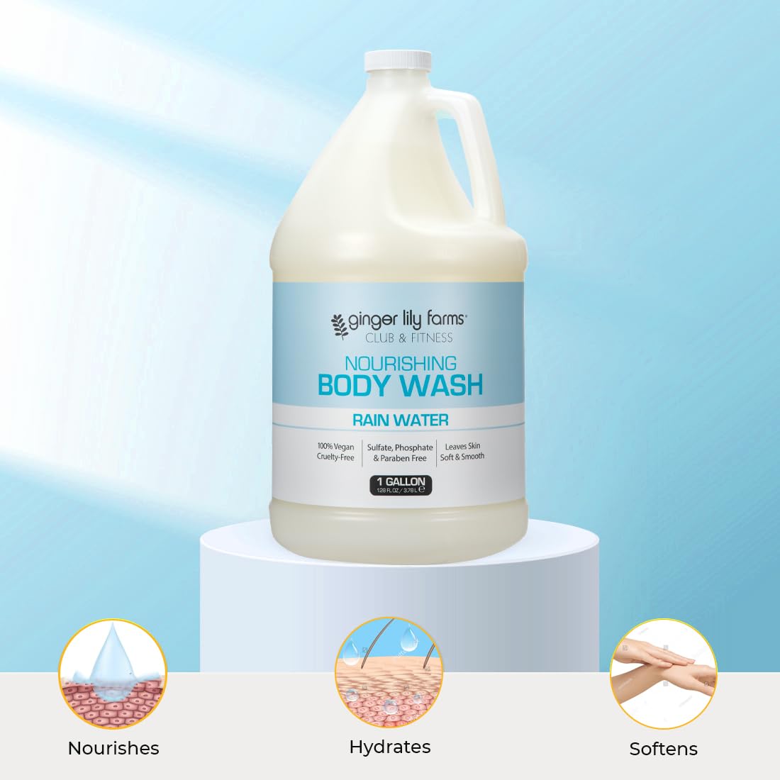 Ginger Lily Farms body wash in a gym shower setting