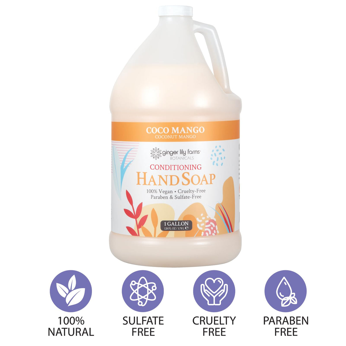 Ginger Lily Farms Coconut Mango Hand Soap in a bathroom setting