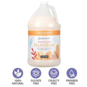 Ginger Lily Farms Coconut Mango Hand Soap in a bathroom setting