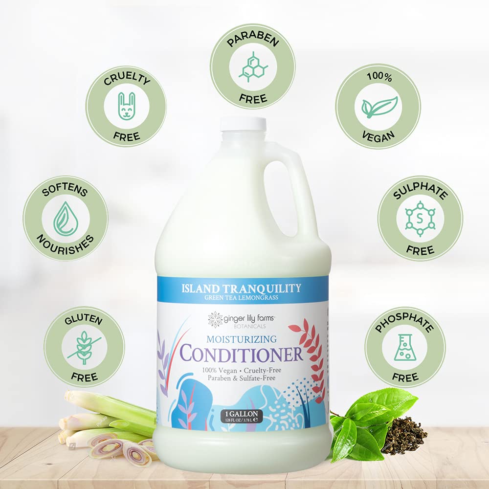 Ginger Lily Farms Conditioner in a bathroom setting with plants